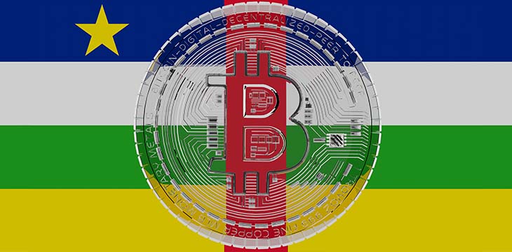 Large transparent Glass Bitcoin in center and on top of the Country Flag of Central African Republic