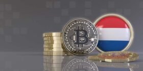 3d rendering of some metallic Bitcoins in front of an badge with the flag of The Netherlands