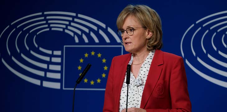 Brussels, Belgium. 2nd October 2020.EU commissioner in charge of Financial services, Financial stability and the Capital Markets Mairead McGuinness gives a press statement after her hearing before the Economic and Monetary Affairs Committee of the Eu