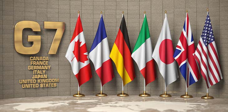 G7 summit or meeting concept. Row from flags
