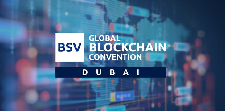 Blockchain concept image with BSV Global Blockchain Convention logo.