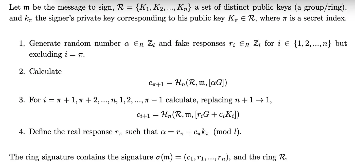 Signature from a group/ring of public keys with a given message