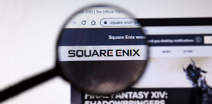 Square Enix logo on dispaly screen with a magnifying glass