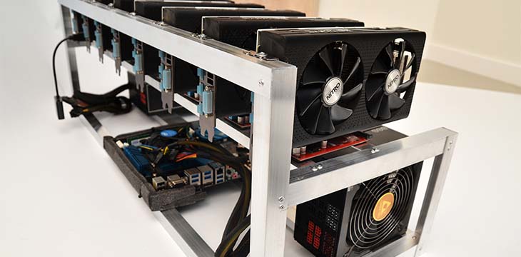 Mining rigs for cryptocurrency, bitcoin mining equipment isolated over grey background, computer equipmen