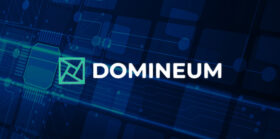 Domineum logo on a blockchain background