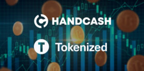 Handcash and Tokenized logo in a bitcoin market themed background.