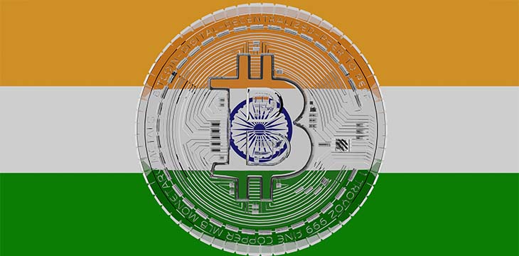 Large transparent Glass Bitcoin in center with flag of india