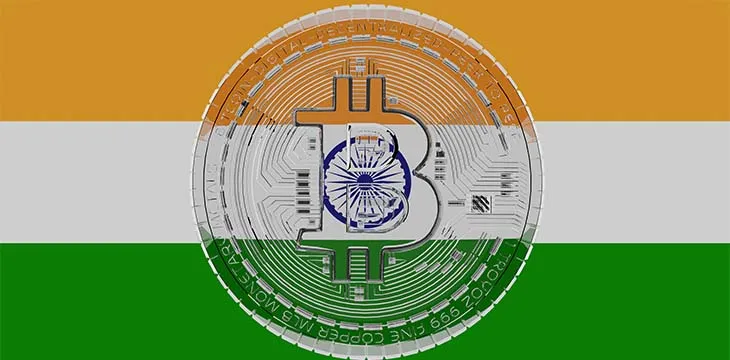 Large transparent Glass Bitcoin in center with flag of india