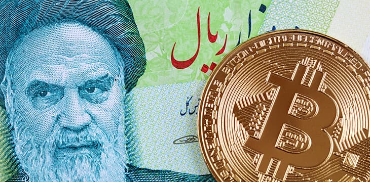 A macro image of a golden bitcoin with a 10000 Iranian rial bill.