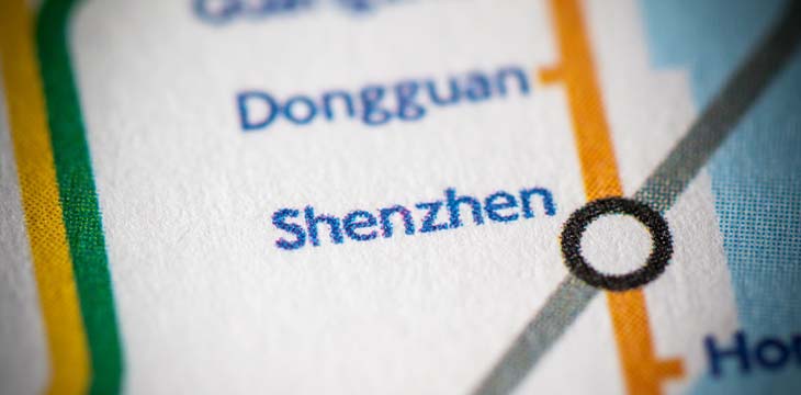 Shenzen, China on a geographical map