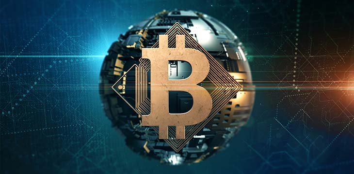 Bitcoin digital cryptocurrency financial symbol with blockchain network globe