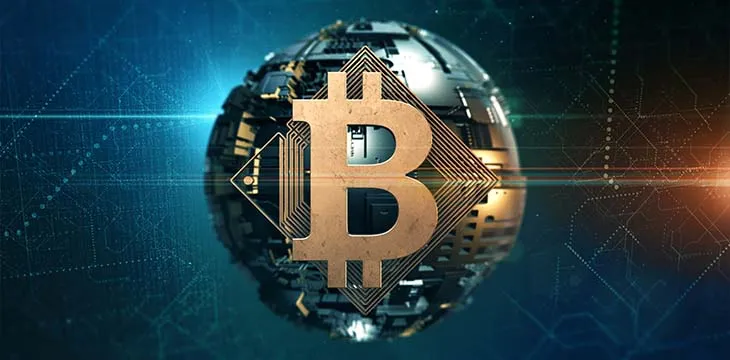 Bitcoin digital cryptocurrency financial symbol with blockchain network globe