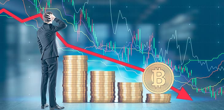Confused businessman, rear view, bitcoin fall concept.