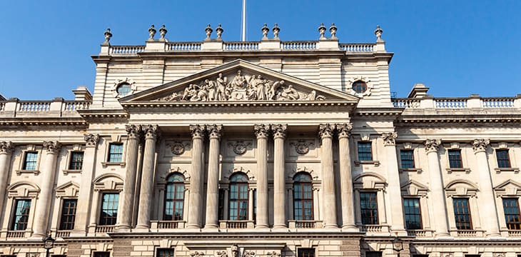 A closeup of the HM Treasury building in London.