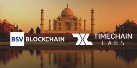 Taj Mahal with BSV Blockchain and Timechain labs logo