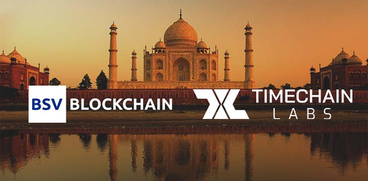 Taj Mahal with BSV Blockchain and Timechain labs logo