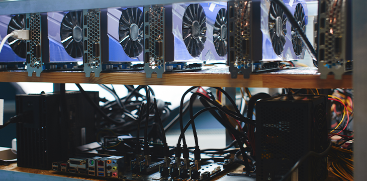 Farm graphics cards for mining crypto currencies on shelves.
