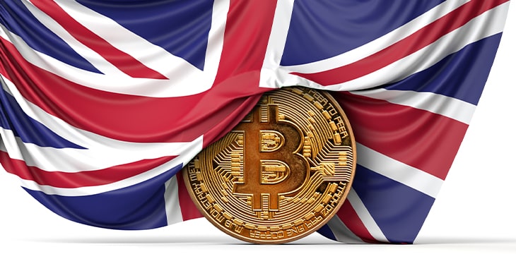 UK flag drapped over bitcoin
