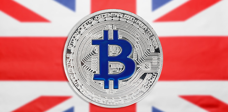 Bitcoin against national flag of Great Britain