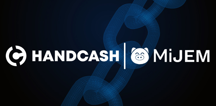 Handcash and Mijem logo with blockchain concept background