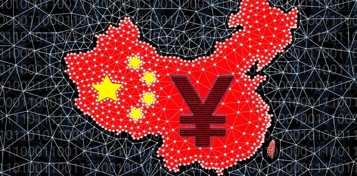 China map made of digital blockchain grid on a black background by digital grid. The symbol of the Chinese yen.China State Digital Currency Concept. — Photo