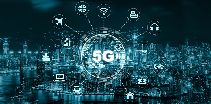 5G technology with earth dot in center of IoT icons