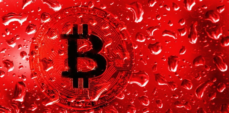 Coin bitcoin behind glass with red drops