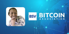 Dr Catherine Lephoto over Bitcoin Association Logo and Blockchain Background
