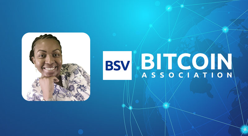 Dr Catherine Lephoto over Bitcoin Association Logo and Blockchain Background