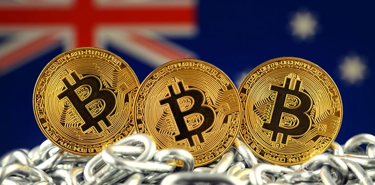 Physical version of Bitcoin (new virtual money), chain with Australia Flag on background