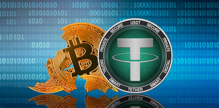 Tether coin stands in front of cracked coin bitcoin with binary background