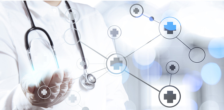 Smart medical doctor hand showing network with bokeh effect on background