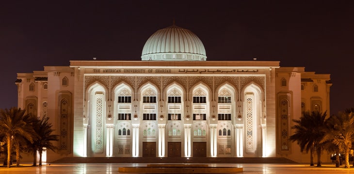 The American University of Sharjah illuminated at night