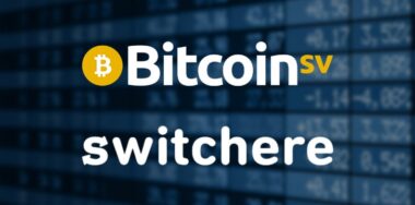 Bitcoin SV and Switchere Logo over currency exchange background