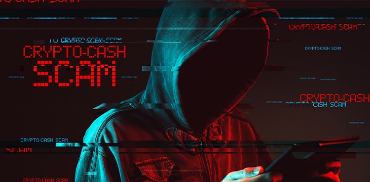 Crypto scam cash concept with faceless hooded male
