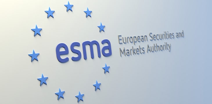 Logo and trademark of the European Securities and Markets Authority ESMA on a light wall