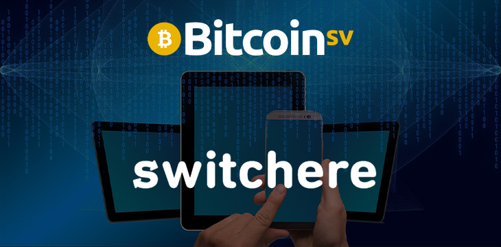 Bitcoin SV and Switchere logo over phone and tablet technology background