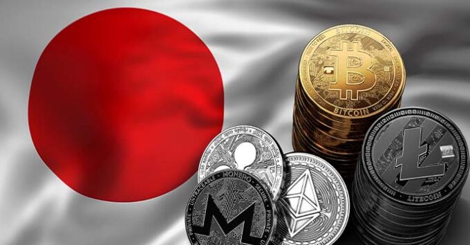 Stack of Bitcoin coins on Japanese flag. Situation of Bitcoin and other cryptocurrencies in Japan concept. 3D Rendering — Stock Editorial Photography