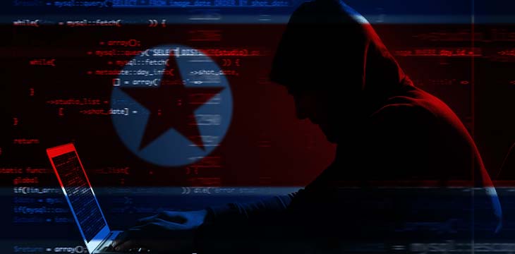 Double exposure of hacker working with laptop and flag of North Korea. Threat of cyber attack — Photo