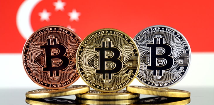 Physical version of Bitcoin (BTC) and Singapore Flag