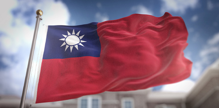 Taiwan Flag 3D Rendering on Blue Sky Building background