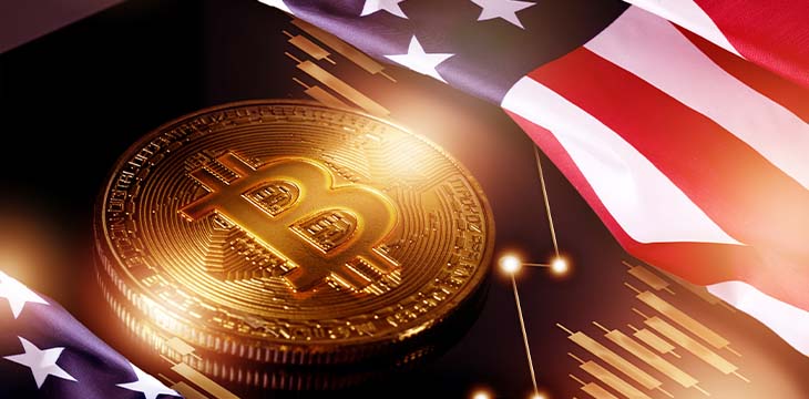 American Flag against the composition of Physical Bitcoin Coin, Smartphone, and Financial Graphics. — Stock Editorial Photography