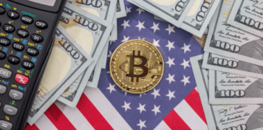Bitcoin, us flag, calculator and dollar banknotes