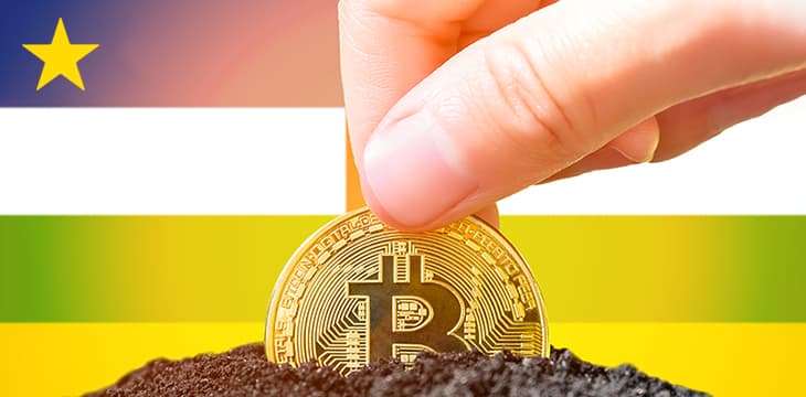 Landing bitcoin in the ground against the background of the flag of the Central African Republic.