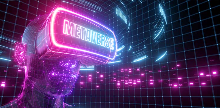 3D render. Neon background. Avatar wearing virtual reality glasses, electronic head device. Player one ready for the game. User interface inside the metaverse cyber space. — Photo