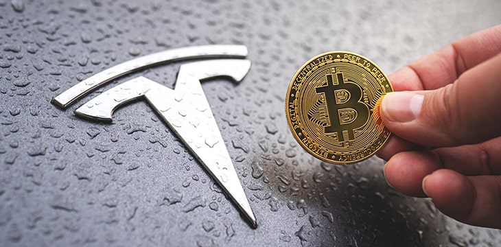 Person holds Bitcoin next to Tesla logo