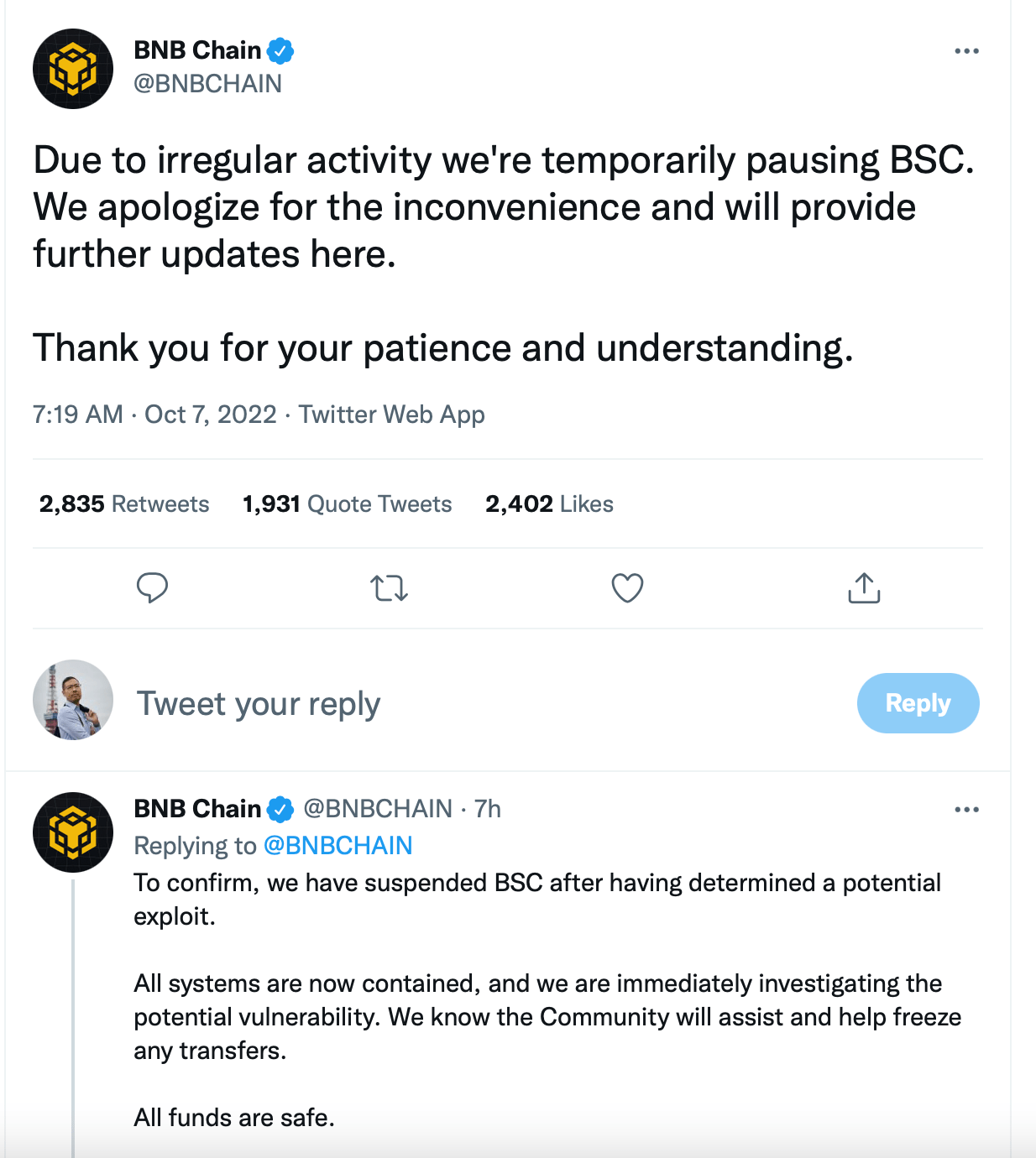 Twitter October 7, 2022: Binance account losing control of 400mUSD of funds on their BSC chain