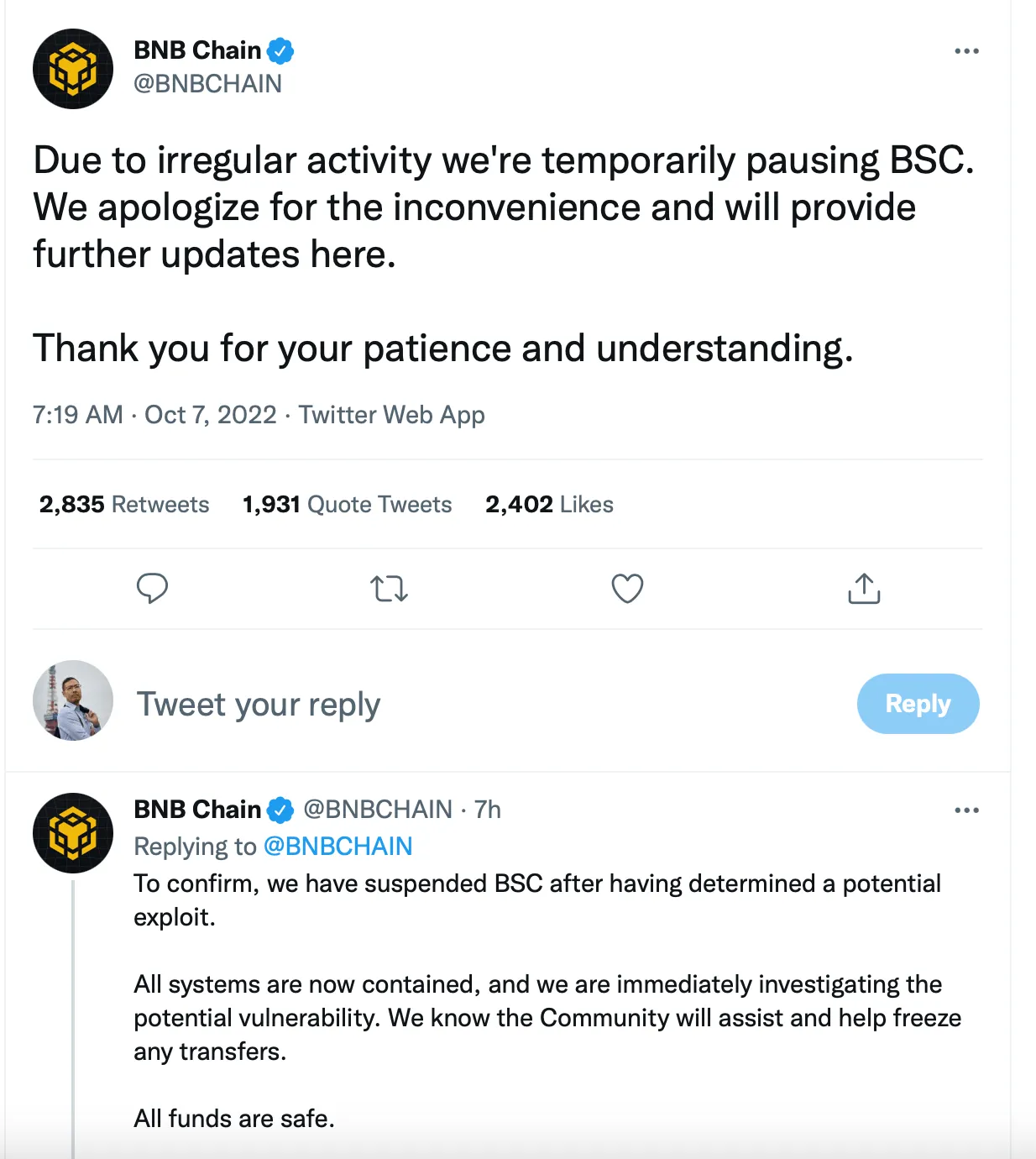 Twitter October 7, 2022: Binance account on losing control of 400mUSD of funds on their BSC chain