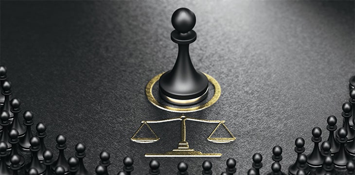 3d illustration of many pawns over golden and black pawn with scale