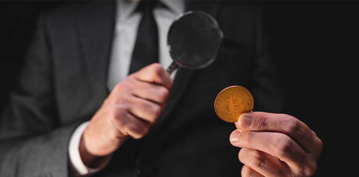 Tax agency officer inspecting Bitcoin cryptocurrency exchange transaction, conceptual image — Photo